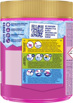 Tył różowego opakowania Vanish Oxi Action proszek z polskimi instrukcjami prania i QR kodem.