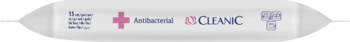 Logotyp Cleanic Antibacterial na białym tle z różowym medycznym krzyżem, dla chusteczek do rąk.