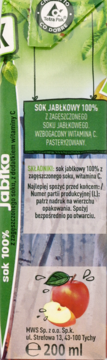Tył zielono-białego kartonu soku jabłkowego Jabłko 100%, z opisem składu i pojemnością 200 ml.