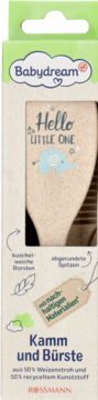 Babydream baby comb and brush set, front view, beige packaging with blue elephant, eco-friendly.