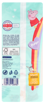 Tył opakowania pieluchomajtek babydream Maxi z Peppą Pig, kodem kreskowym, logo FSC i pieczęcią dermatest.