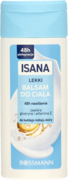 Biała butelka Isana Lekki Balsam do Ciała z wit. E, 48h nawilżenia, niebieska etykieta, widok z przodu.