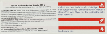 Tył opakowania mydła ISANA Special 100g. Tekst: silnie natłuszczające, antybakteryjne, do skóry zniszczonej.