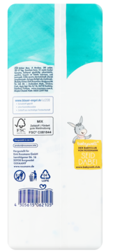 Tył opakowania pieluchomajtek Babydream Junior 12-17 kg, z kodem kreskowym, certyfikatami i danymi Rossmanna.