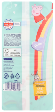Tył opakowania pieluchomajtek Babydream XL (15+kg) z Peppą Pig, tęczą i niemieckim tekstem. Logo FSC, kod kreskowy.