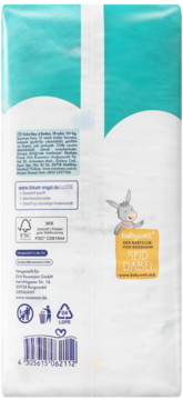 Tył opakowania pieluchomajtek Babydream XL 18 szt., 15+ kg, z logo FSC i Niebieskiego Anioła.