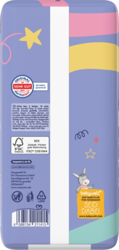 Tył fioletowego opakowania pieluchomajtek Babydream XL 18 szt. 15+ kg, z etykietą 'SEHR GUT' i logo FSC.