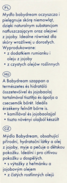 Informacje o mydle Babydream: pielęgnacja niemowląt, skóry wrażliwej. Składniki: olej jojoba, rumianek. Opisy w PL, HU, CZ.