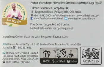 Tył kartonowego opakowania herbaty Dilmah Earl Grey, z listą składników, instrukcjami parzenia i danymi producenta.