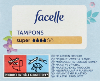 Opakowanie tamponów Facelle Super z biało-złotą etykietą, piktogramy 4/5 krople, info o plastiku.
