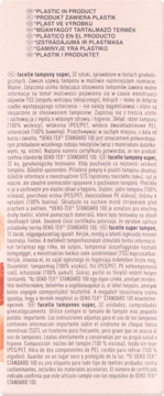 Instrukcja Facelle Super tampons 32 szt., skład (wiskoza, PES/PET), certyfikat OEKO-TEX STANDARD 100.