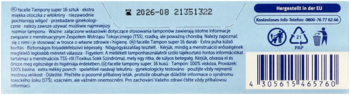 Tył jasnoniebieskiego opakowania Facelle tampony Super (16 sztuk) z datą ważności i kodem kreskowym.
