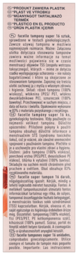 Etykieta Facelle tampony Super 16 sztuk, tekst w wielu językach, ostrzeżenie o plastiku na różowym tle.