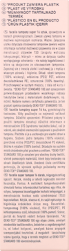 Etykieta z informacjami o tamponach Facelle Super, ostrzeżenia o plastiku i składzie, na jasnym tle.