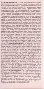 Fragment różowej etykiety Facelle tampony mini 32 sztuki, zawierający szczegółowy opis produktu w wielu językach.