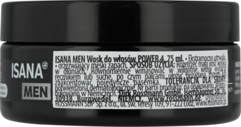 ISANA MEN wosk do włosów POWER 4, tył czarnego słoika 75 ml z etykietą. Widoczne składniki, instrukcje i mocne utrwalenie.