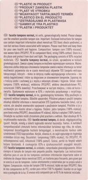 Beżowe opakowanie tamponów facelle normal 64 szt. z ostrzeżeniem "PLASTIC IN PRODUCT". Widok z przodu.