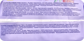 Fioletowy tekst o podpaskach Facelle Ultra Normal, 32 sztuki, z miękką powłoką i potrójnym systemem świeżości.