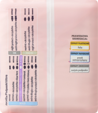 Tył różowego opakowania podpasek facelle ultra normal ze skrzydełkami, z polskimi instrukcjami segregacji odpadów.