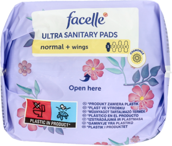 Fioletowe opakowanie podpasek Facelle Ultra Normal+wings o zapachu rumianku, z kwiatami, widok z góry.