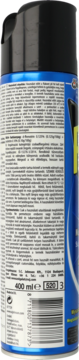 Tył niebieskiego sprayu na owady Raid 400 ml, pionowy widok z białym tekstem informacyjnym i kodem kreskowym.