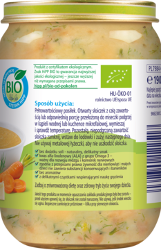 Tył słoiczka z zupką HiPP BIO, zielona etykieta z tekstem "Sposób użycia" i certyfikatami ekologicznymi.
