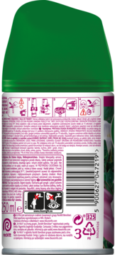 Tył wkładu Air Wick Freshmatic 250ml, zielono-biały, z etykietą, kodem kreskowym i symbolami bezpieczeństwa.