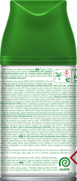 Tył wkładu Air Wick Freshmatic, zapach lilii, róży, piwonii i wanilii, z tekstem i zieloną nakładką.
