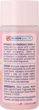 Tył opakowania zmywacza do paznokci Isana, biała butelka, różowa etykieta z listą składników.