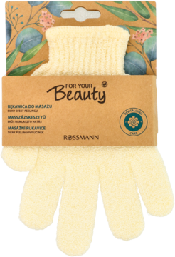 Rękawica do masażu For Your Beauty w kolorze kremowym, z teksturowanej tkaniny, zawieszona na brązowym opakowaniu z liśćmi. Widok z przodu.