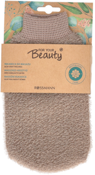 Beżowa teksturowana rękawica do peelingu i masażu Rossmann For Your Beauty, front na opakowaniu.