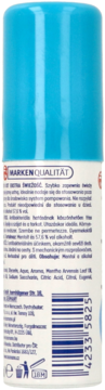 Tył niebieskiego sprayu do ust MARKEN QUALITÄT, biała etykieta z polskim opisem i kodem kreskowym.