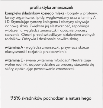 Biała prostokątna etykieta z opisem kremu przeciwzmarszczkowego: składniki aktywne i ich działanie. 95% naturalnych.