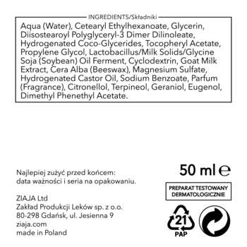 Ziaja tłusty krem z kozim mlekiem, tył opakowania, lista składników. Biała etykieta, czarny tekst, 50 ml.