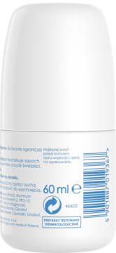 Tył białego opakowania roll-on antyperspirantu Ziaja Sensitiv 60ml, z polskim tekstem, kodem i recyklingiem.