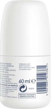 Tył białego dezodorantu roll-on 60 ml z etykietą, widoczny skład i napis "PREPARAT TESTOWANY DERMATOLOGICZNIE".