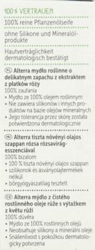 Opis mydła Alterra z róży w języku polskim, niemieckim i węgierskim, 100% roślinne, bez silikonów.