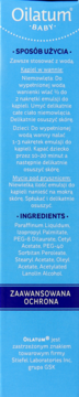 Niebieska butelka Oilatum BABY emulsji do kąpieli, widok z tyłu z instrukcjami i listą składników.