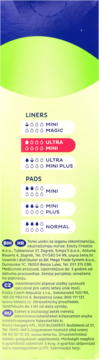 Feminine hygiene product information panel: liners & pads types, absorbency levels; "ULTRA MINI" highlighted.
