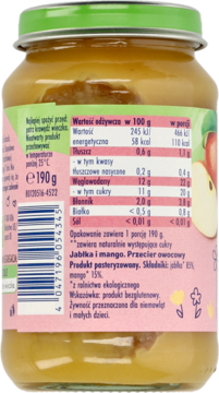 Tył słoiczka deserku jabłko i mango dla niemowląt, z tabelą wartości odżywczych i składem: jabłko 85%, mango 15%.