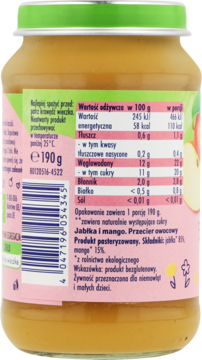 Tył słoiczka z deserkiem jabłko i mango dla niemowląt, z zieloną zakrętką i etykietą z tabelą wartości odżywczych.