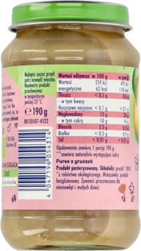 Tył słoiczka Babydream Gruszki 190g, bio puree dla niemowląt po 4. miesiącu, widoczne wartości odżywcze.