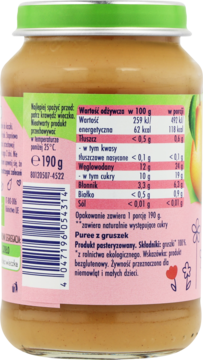Tylna etykieta słoiczka Babydream Gruszki, bio puree dla niemowląt, z wartościami odżywczymi, bez cukru.
