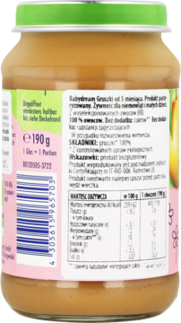 Tył słoiczka Babydream Gruszki 190g, bio puree gruszkowe dla niemowląt bez cukru, widoczna etykieta ze składem.