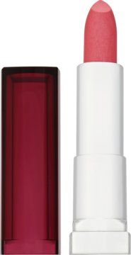 Różowo-koralowa szminka Color Sensational w białym etui, z wysuniętą pomadką i bordową skuwką obok.