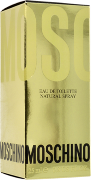 Złote, lśniące pudełko damskiej wody toaletowej Moschino 25 ml, widok pod kątem, z dużym logo.