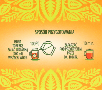 Instrukcje parzenia herbatki Melisa z pigwą z grafikami: 1 torebka, 200ml wody 100°C, parzyć 10 min.
