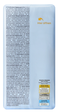 Tył opakowania wkładek higienicznych ekstra, 12 sztuk, biało-niebieska torba z napisem 'Hier öffnen'.