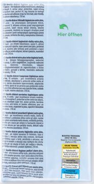 Błękitne opakowanie wkładek higienicznych extra plus, tył z opisem cech produktu i chłonności 210 ml.