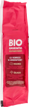 Tylna strona czerwonej torby Bio Amarantus Ekspandowany, widoczny opis właściwości: magnez i żelazo.